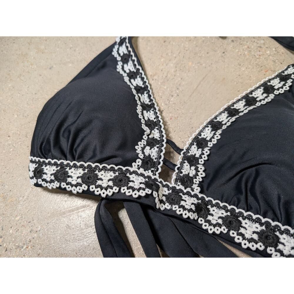 Kona Sol Halter Bikini Top Womens D/DD Black Solid Crochet Trim & Blk Bottoms - Picture 3 of 7